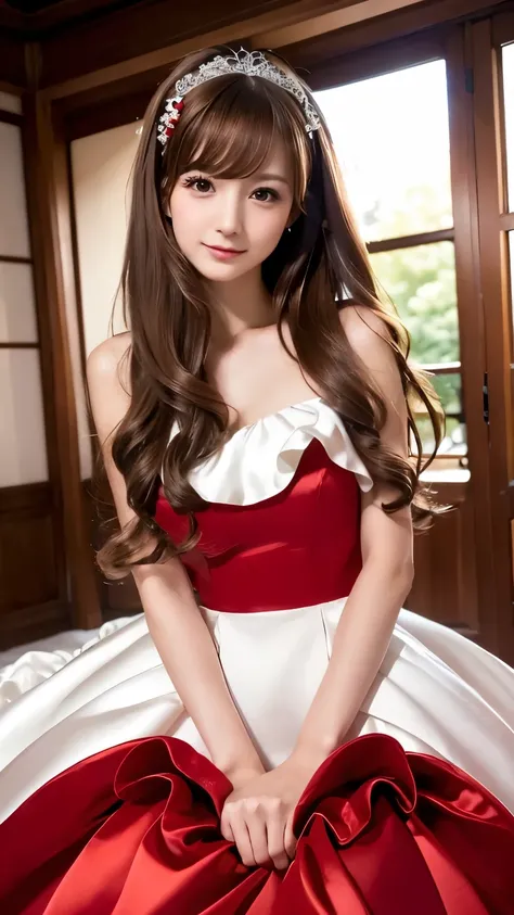 (((Top Quality))), (((Masterpiece))), (((Details))), tall, looking at camera, face-to-face, pure red shiny silk satin ruffle girly empire length wedding dress, hands thrust forward, Japanese, brown hair, long hair, gorgeous room,. Gorgeous ribbon hair acce...