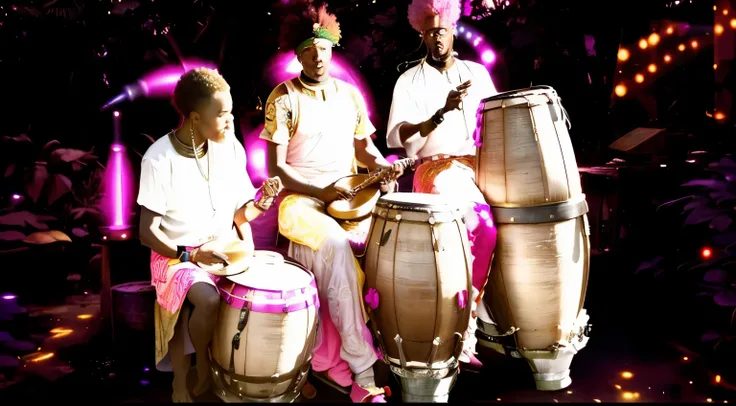 there are three men sitting on a barrel with a pink light, real congas, bongos, congas, real bongos, african cyberpunk wizards, afro-psychedelia, afro futurism, afrofuturism, afrofuturist, mulato, 3 jazz musicians, blossoming rhythm, unknown location, djel...