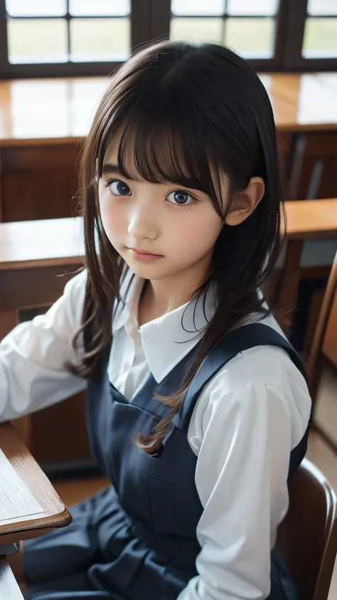 Loundraw falling gracefully on your shoulder, Depict a beautiful female student . She is wearing a classic school uniform , a properly fitted skirt and a perfectly tailored shirt. Her long black hair , With soft bangs, Imagine a charming illustration i...