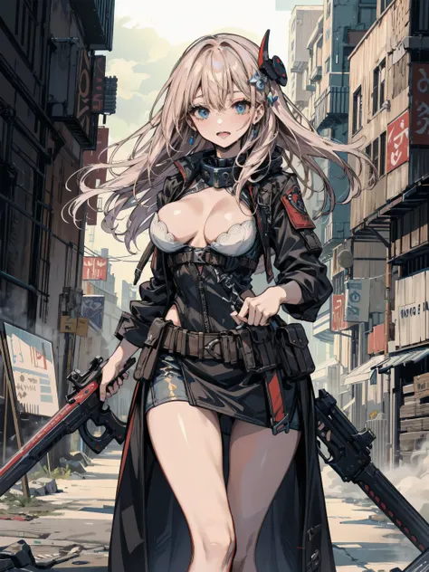 earring, breasts, perfect figure, Perfect Style, Perfect balance, ideal ratio body proportions, hair ornament, sexy, erotic, seductive, Sensual, (cowboy shot:1.2), outdoor, tactical gear, postapocalypse,