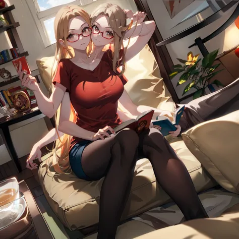 (masterpiece, best quality), best resolution, (2heads:1.5), 1girl, reading a book while sitting on a bean bag chair, bored, blond hair, brown eyes, glasses, red t-shirt, tights, living room, ExtraArms