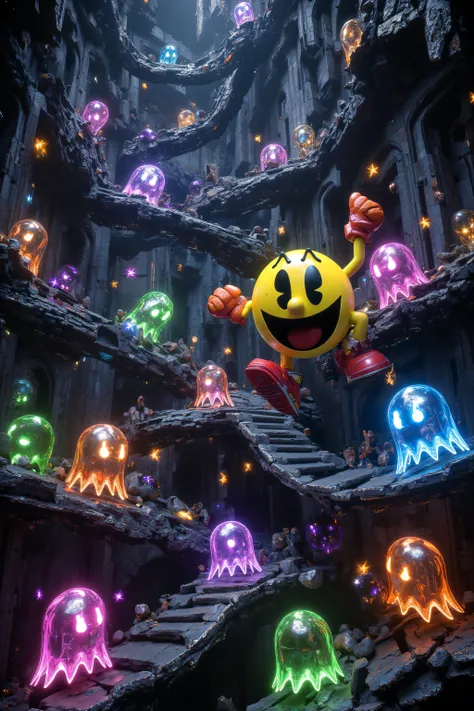 (pacmam) che salta in giro per un castello eating pills, in un labirinto. mostri. multicolor glowing ghosts. fantasy, 8k , ultra affilato, dettagli degli ornamenti, extremely_clear, realism, ultrarealistic,, insane details, intricate details, highres, ul...