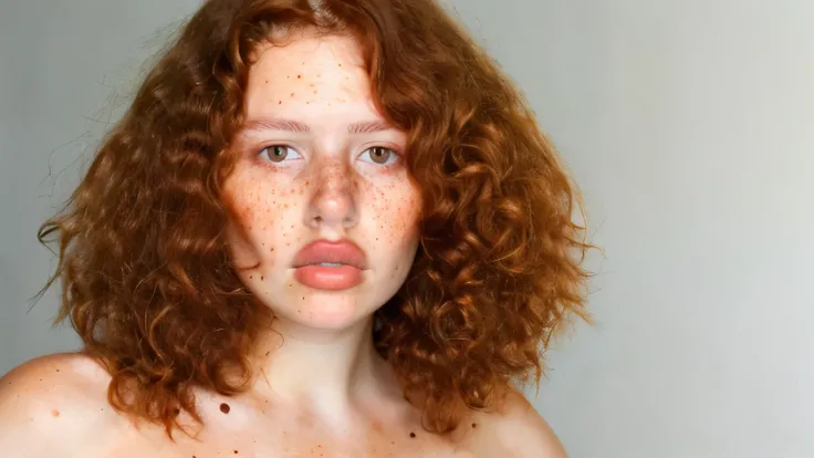  Girl with wavy red hair, sky-blue eyes , red cheeks  ,  fair skin ,  puffy lips  , freckles  