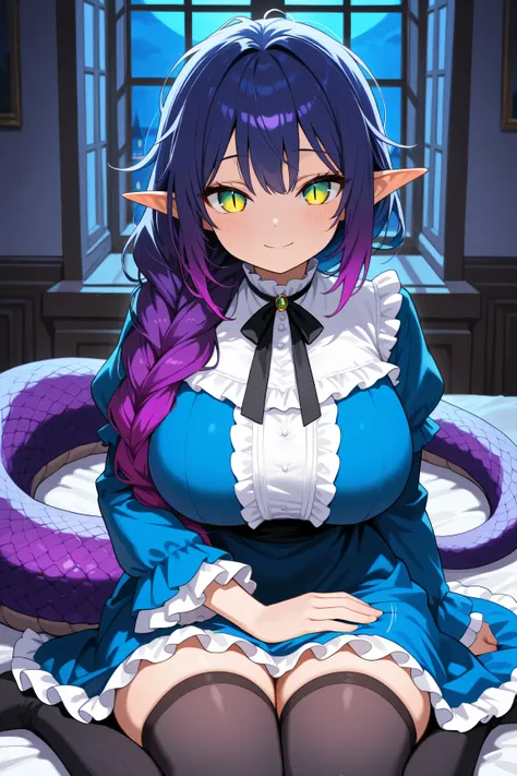 1girl, huge breasts, blue hair, purple hair, gradient hair, multicolored hair, yellow eyes, green eyes, gradient eyes, multicolored eyes, blue dress, purple frills, frills, frilled sleeves, frilled dress, Juliet sleeves, messy hair, very long hair, snake g...