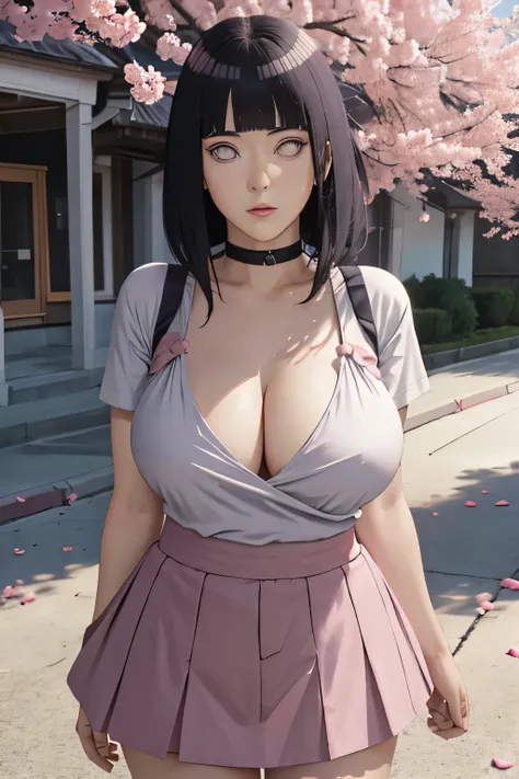 masterpiece, absurdres, hinata\(boruto\), 1girl, solo,mature female, tshirt , high waist mini skirt, looking at viewer, (falling petals), perfect composition, detailed lips, big breast, beautiful face, body propotion, blush, (pink lips), long hair,  purple...