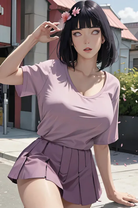 masterpiece, absurdres, hinata\(boruto\), 1girl, solo,mature female, tshirt , high waist mini skirt, looking at viewer, (falling petals), perfect composition, detailed lips, big breast, beautiful face, body propotion, blush, (pink lips), long hair,  purple...