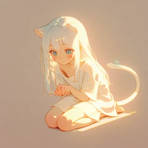 1 girl, small stature, icy blue eyes with slit pupils, delicate features, feline ears with soft white fur, long silky white hair, kneelength, heart-shaped face, blush on cheeks, gentle smile, perky feline ears, expressive tail, alabaster skin, translucent ...