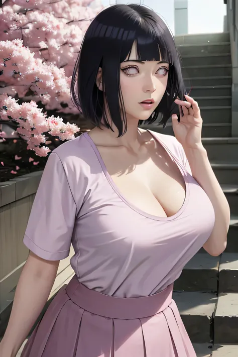 masterpiece, absurdres, hinata\(boruto\), 1girl, solo,mature female, tshirt , high waist mini skirt, looking at viewer, (falling petals), perfect composition, detailed lips, big breast, beautiful face, body propotion, blush, (pink lips), long hair,  purple...