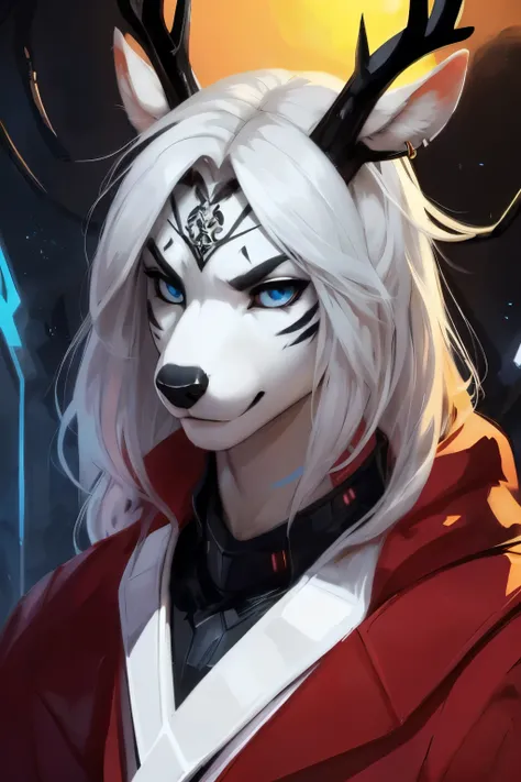 Furry, Male wendigo, jackal, artificial face, white face, white fur, white skin, thick black antlers, deer horns, black horns, angelic wings, long hair, masculine hair, white cyborg arms, rune on forehead, silver hair, cyborg, black nose, gray eyes, pierci...