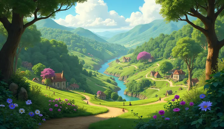 Describe the village as a remote, small settlement surrounded by dense forests, rolling hills, or perhaps near a mysterious river.
and urfull flowers 3d Pixar style