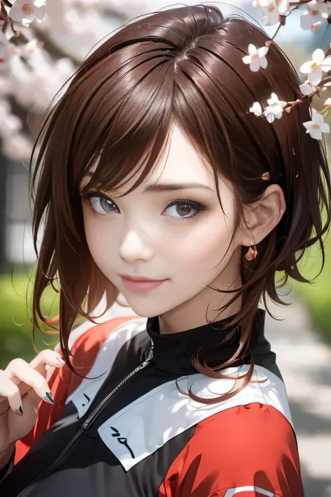  going down the hill on a red bicycle ,  peak eyes  , movie,sunlight, elegant girl  , big ass、 cheerful smile ,( black white red tight cycling jersey,), big breasts,(  shiny short reddish brown hair ,)Cherry blossoms with scattered petals , Detailed Hairst...