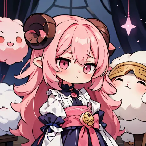 　An anime-style illustration of a girl named 'Fua-chan' with long, soft pink hair styled(( in curls resembling sheep’s horns.))** She has bright pink eyes that now appear more intense and enigmatic. **Fua-chan is dressed in a gothic-style outfit, with dark...