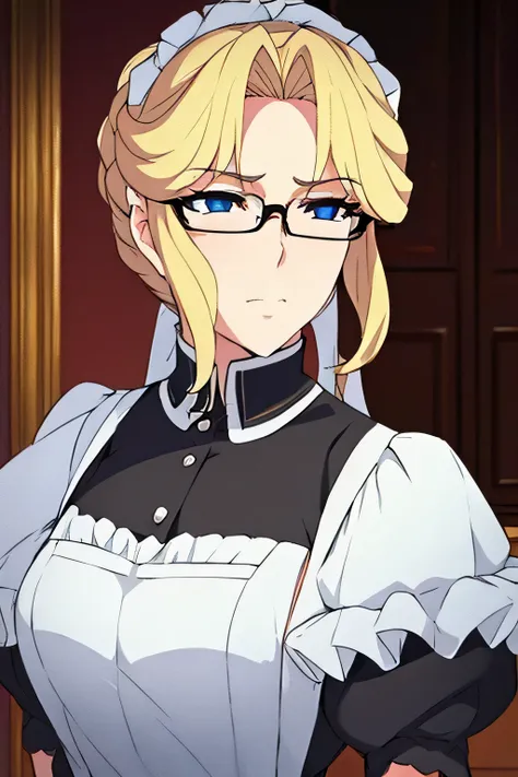 A highly detailed portrait of a mature French maid with a stern, composed expression. She has neatly arranged blonde hair pulled back, wearing classic French maid attire with no exposed skin. Thin glasses frame her sharp, piercing eyes. Her posture suggest...