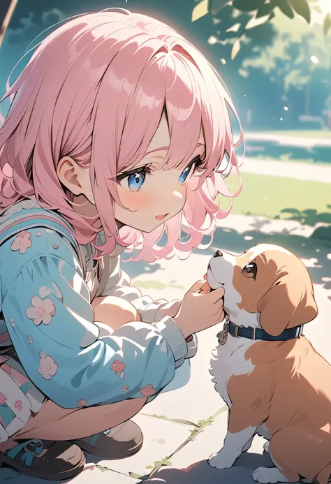 best quality、 high resolution、( high definition:1.2)、masterpiece、 detailed background、Realistic、 RAW photos 、Park in the evening、A girl finds a little puppy screaming 「Kun Kun」 under her feet、 crouching and looking at each other 、「 what's wrong ? I wonder...