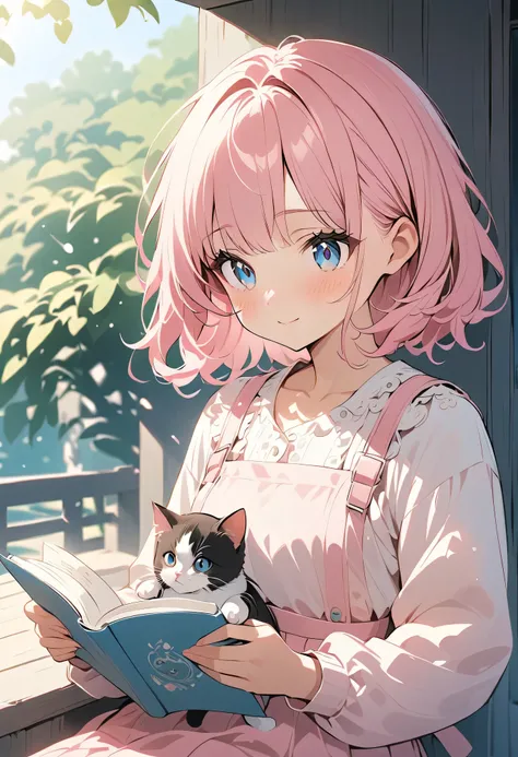  best quality、 high resolution、( high definition:1.2)、masterpiece、 detailed background、Realistic、 RAW photos 、Spring Afternoon、 on the lap of the girl who was reading a book on the veranda 、 before I knew it 、 in the warm sunshine 、 the cat purrs comfortab...