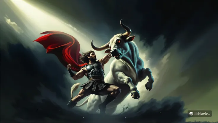 Create a realistic and violent image of Hercules dominating a white bull with red eyes. Hercules is dressed in armor and unarmed, holding the bull by its horns as the bull tries to throw him off. The scene should capture the intense struggle and raw power ...