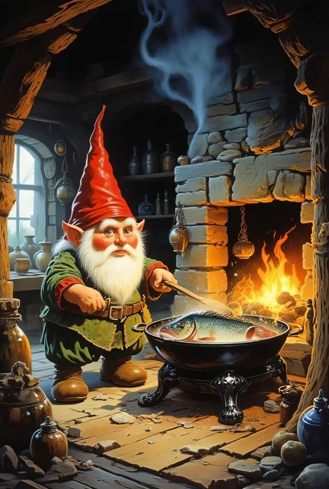 a little gnome with a red, pointed hat, inside his wooden hut in front of a wood stove, frying a large, juicy fish
