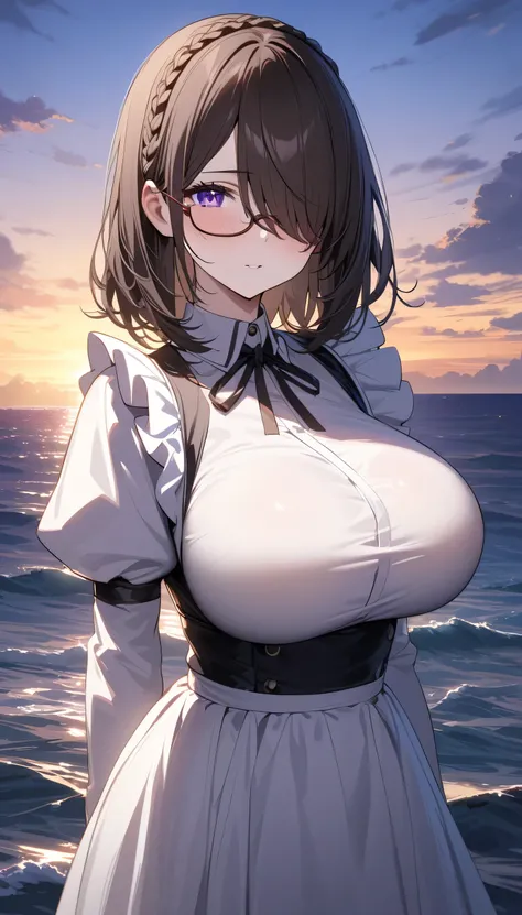 (masterpiece, Highest quality:1.2), (1girl), alone, ((medium hair)), ((dark brown hair)), (straight hair), ((hair over face)), (hair over one eye), (hair over right eye), (black maid dress), white apron, long sleeves, (purple eyes), (huge breast), high det...