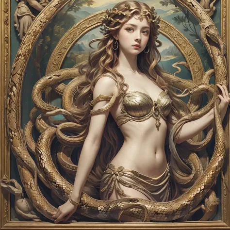 Medusa, The Queen of Beautiful Tragedies, snake hair、whole body、 Greek Mythology、 Renaissance Painting 、(masterpiece,  best quality:1.2),