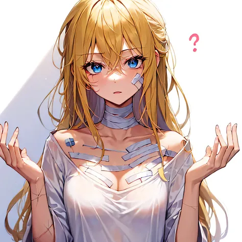  female teenager ,  dressed in a pretty loose white t-shirt.  sky blue eyes.  blond hair, long and silky.  Scars from surgery on his chest , who has bandaged . Sarcastic and hands up .  white background.  anime style