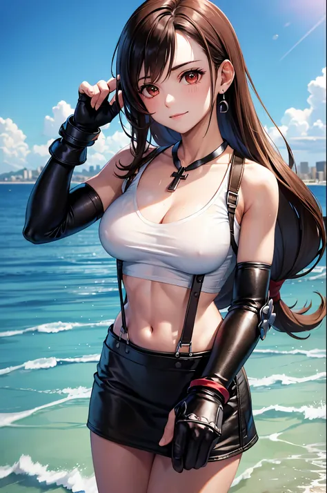 sea,blue sky, sandy beach, show me your armpits, wet skin, sheer clothes,(masterpiece),  best quality,  Shut Up,  perfect face,  1 girl, Alone, {{DefTifa,  white crop top, elbow pad, Fingerless gloves,  suspenders,  pencil skirt,  Black Socks ,  red boots,...