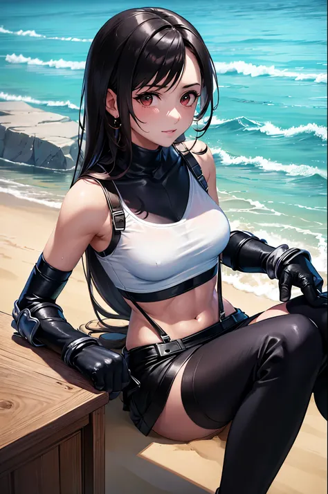 sea,blue sky, sandy beach, show me your armpits, wet skin, sheer clothes,(masterpiece),  best quality,  Shut Up,  perfect face,  1 girl, Alone, {{DefTifa,  white crop top, elbow pad, Fingerless gloves,  suspenders,  pencil skirt,  Black Socks ,  red boots,...