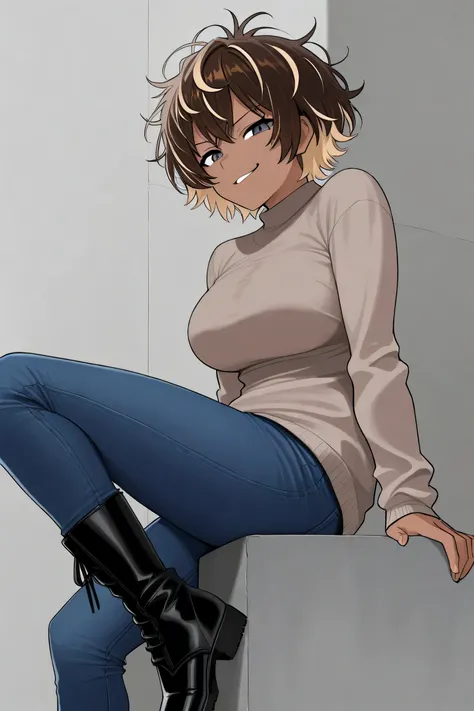 solo, female, average breasts, short hair, messy hair, brown hair, pale blonde hair highlights, dark skin, grey iris, pale brown sweater, dark blue jeans, black boots, smirk,