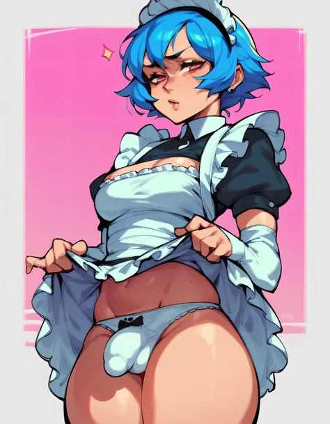 futanari; blue hair; short hair; small tits; dick; panty; maid costume; neon background 