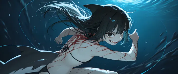 best quality, perfect anatomy, very aesthetic, solo, 1 girl, shark girl, cute, sharp teeth, big mouth, scarred face, scarred body, dorsal fin on back, big black eyes, shark eye, shark skin, (evil smile), (combed back hair), motion blur, string bikini), bac...