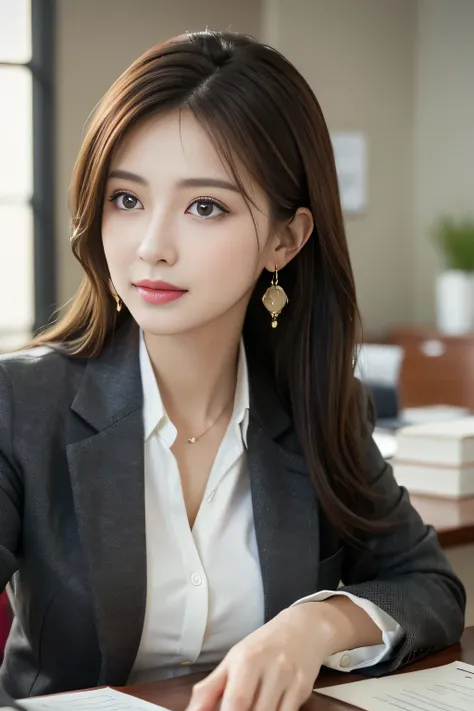 masterpiece、 best quality 、 real 、 very detailed on trends、 with finer details、High Resolution、8k wallpaper、1 beautiful woman、At the office、 Light Brown Disheveled Hair、 perfect dynamic configuration、 beautiful beautiful eyes、 Big Earrings 、 sitting on a c...