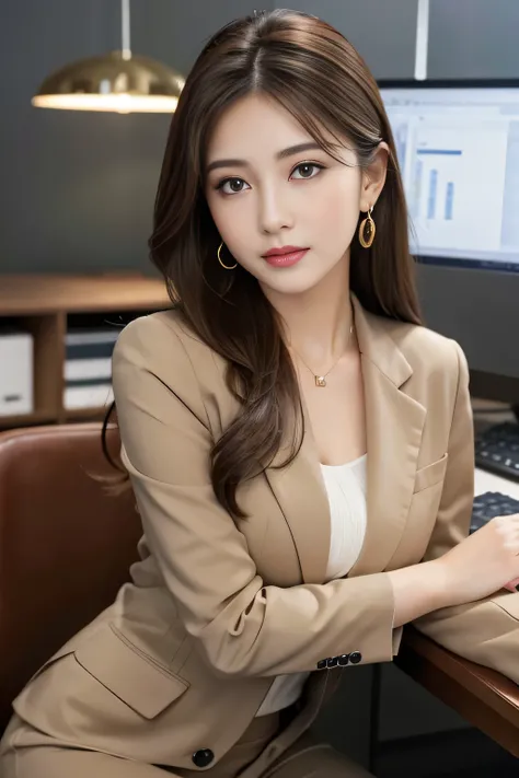 masterpiece、 best quality 、 real 、 very detailed on trends、 with finer details、High Resolution、8k wallpaper、1 beautiful woman、At the office、 Light Brown Disheveled Hair、 perfect dynamic configuration、 beautiful beautiful eyes、 Big Earrings 、 sitting on a c...