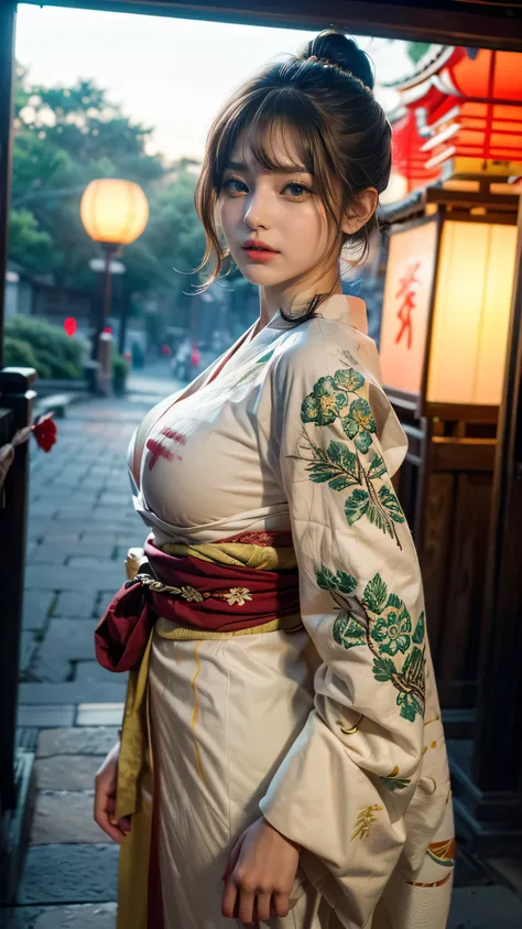 A divine shrine guardian woman (facing forward) in front of a towering, traditional Japanese torii gate at dusk, surrounded by (soft, warm light from glowing paper lanterns) that line the (ancient stone path). She wears a (pristine white kimono) adorned wi...