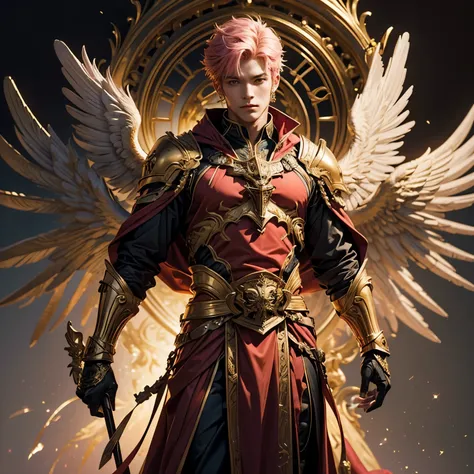 A handsome archangel man with a red gown-like jacket and gold armor 、A male archangel male figure holding the figure of a warrior with large pastel pink wings,