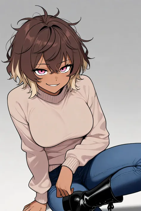 solo, female, average breasts, short hair, brown hair, messy hair, pale blonde hair highlights, dark skin, light pink eyes, pale brown sweater, dark blue jeans, black boots, smirk,