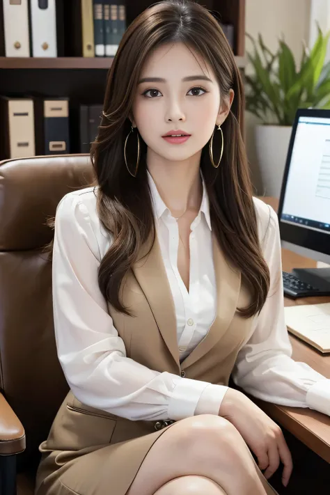 masterpiece、 best quality 、 real 、 very detailed on trends、 with finer details、High Resolution、8k wallpaper、1 beautiful woman、At the office、 Light Brown Disheveled Hair、 perfect dynamic configuration、 beautiful beautiful eyes、 Big Earrings 、 sitting on a c...