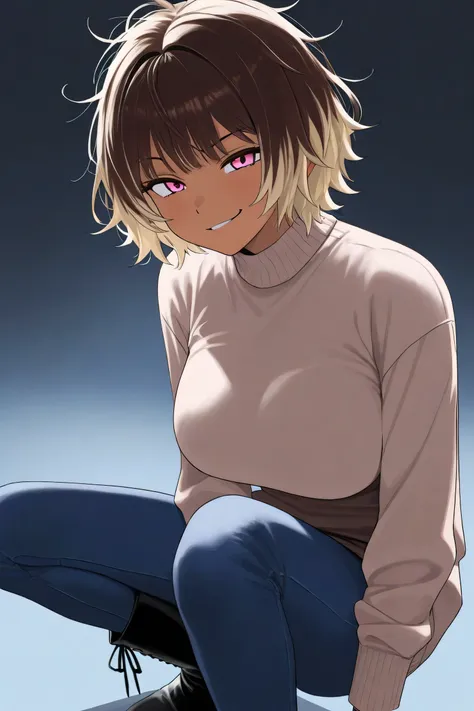 solo, female, average breasts, short hair, brown hair, messy hair, pale blonde hair highlights, dark skin, light pink eyes, pale brown sweater, dark blue jeans, black boots, smirk,