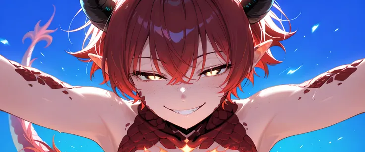 score_9,score_8_up,score_7_up,score_6_up, source_anime, BREAK, solo, solo focus, 1girl, dragon girl,  neon colors, shining colors, dragon girl, tail, pointy ears, horns, shining eyes, close up, evil smile, half closed eyes, scales on body, red hair, cyan e...