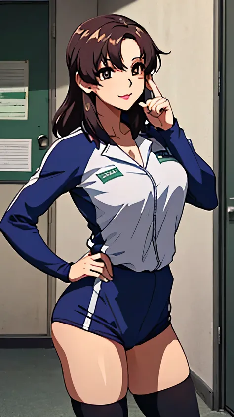   smooth skin，Delicate expression, big breasted with a cross Eye ，  dark blue bloomer ， 2-high stockings   ，  leave the detailed pictures to me     ,（（    Delicate expressionを描いてください  ））,（         Showa volleyball players         ），（   Are you wearing Dark...