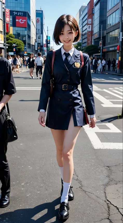 Cute short haired Japanese high school girl in uniform walking in Shibuya, smiling, full body, real, photo