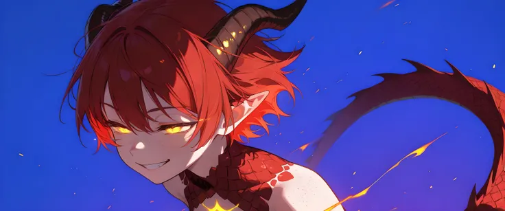 1girl, whole body, dragon girl, neon colors, glowing colors, dragon girl, tail, pointed ears, horns, glowing eyes, evil smile, half-closed eyes, scales on the body, red hair, cyan eyes, short hair, blue background, tomboy, freckles, detailed eyes