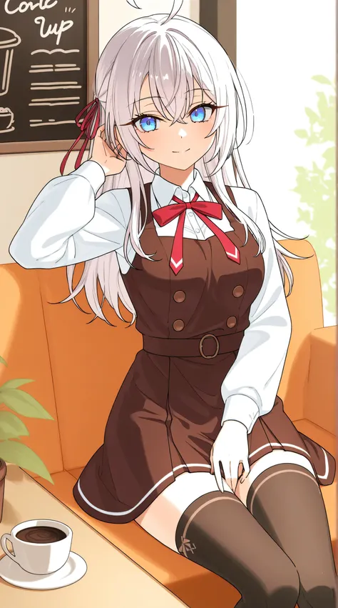 Alisa Mikhailovna Kujou, a girl with long white hair, tied red ribbons, beautiful blue eyes, long eyelashes, medium breasts, wearing a pinafore dress, wearing stockings with a white pattern, sitting at a cafe