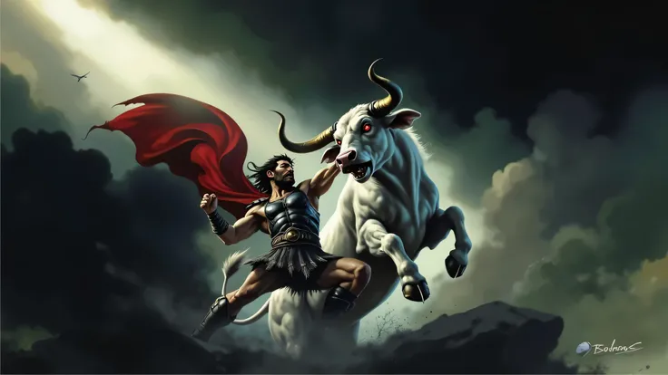 Create a realistic and violent image of Hercules dominating a white bull with red eyes. Hercules is dressed in armor and unarmed, holding the bull by its horns as the bull tries to throw him off. The scene should capture the intense struggle and raw power ...