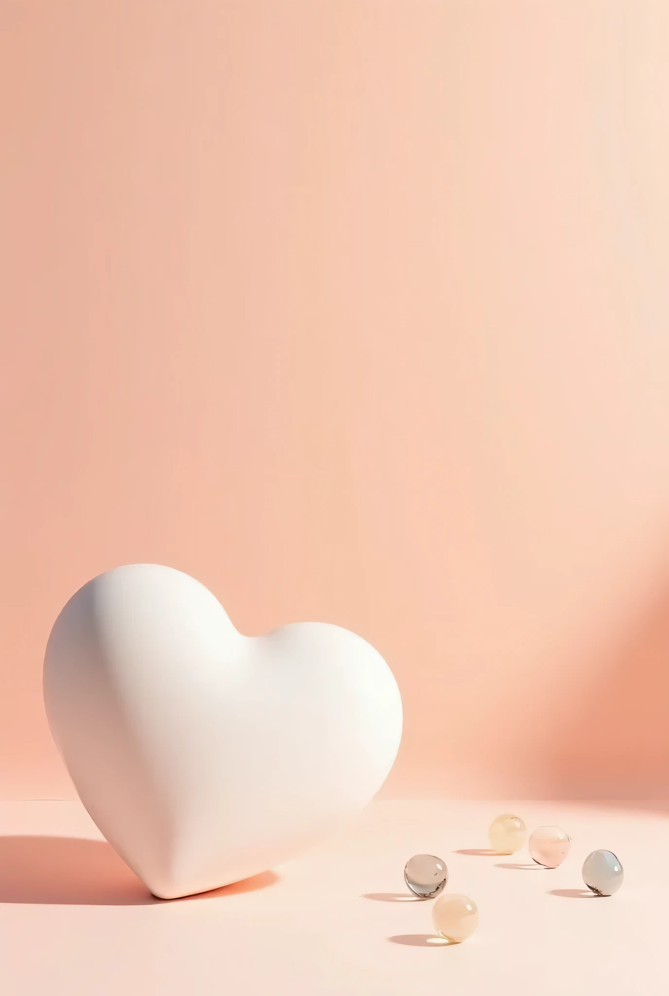 A modern 2025-style advertising stock photo with a clean, gradient beige-to-pink background, exuding sophistication and warmth. In the bottom-left corner, a single, oversized heart-shaped ceramic object in matte white rests on a smooth surface, accompanied...