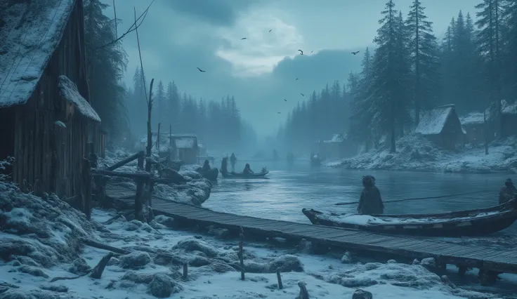 The cold north. A pagan Viking fishing settlement. the cold sea. lots of boats. wooden dilapidated bridges. Wooden idols. snowstorm. the ice forest of the north.. Cold lighting.