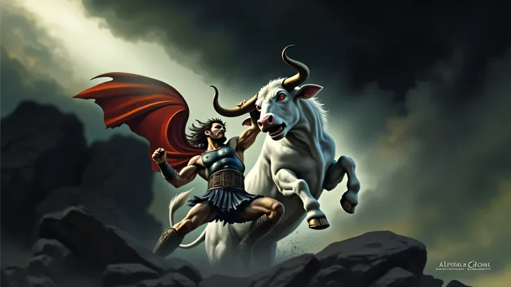 Create a realistic and violent image of Hercules dominating a white bull with red eyes. Hercules is dressed in armor and unarmed, holding the bull by its horns as the bull tries to throw him off. The scene should capture the intense struggle and raw power ...