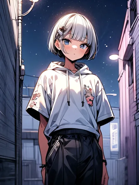 Alone,upperbody,black very short boish pixie cut,(blunt bangs),white hoodie,black micro mini pants, absolute domain,graffity sneakers ,night,nightの街, Under the Street Light, look up at the sky +, nostalgic scene,( manga style),(sketch),(illustration), mast...