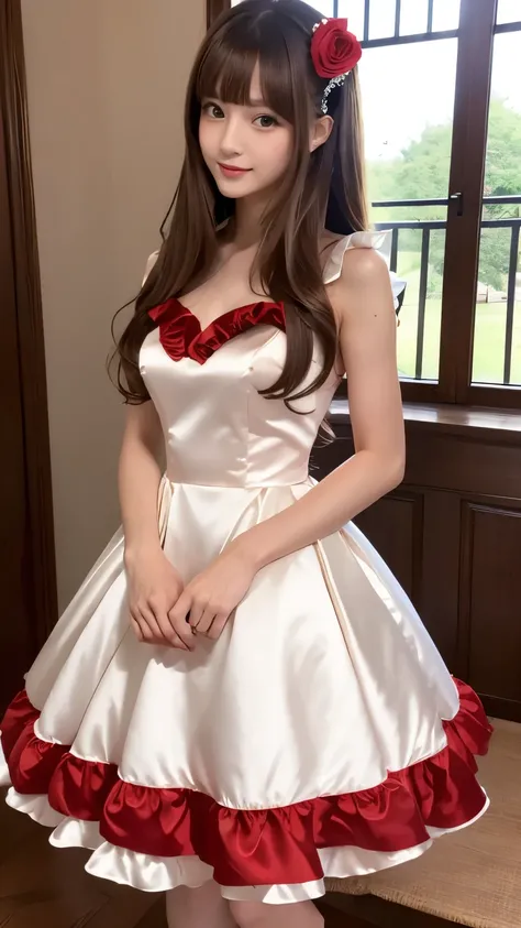 (((Top Quality))), (((Masterpiece))), (((Details))), tall, looking at camera, face-to-face, pure red shiny silk satin ruffle girly empire length wedding dress, hands thrust forward, Japanese, brown hair, long hair, gorgeous room,. Gorgeous ribbon hair acce...