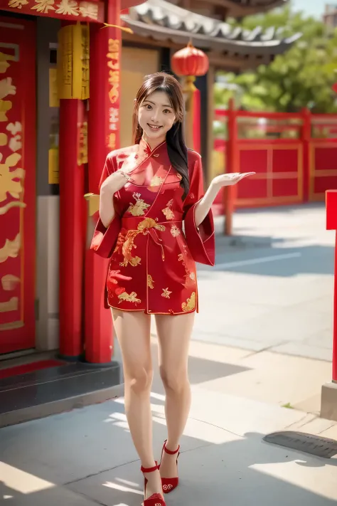 ((  Best Quality  )), ((masterpiece)), ( Details ),    1girl   ,18 year old japanese girl ， First person perspective ， real person， 8k octagonal rendering ,  Shine Effect ， Medium chest ， wearing a red Chinese flag robe， Black Stockings， celebrating the Ch...