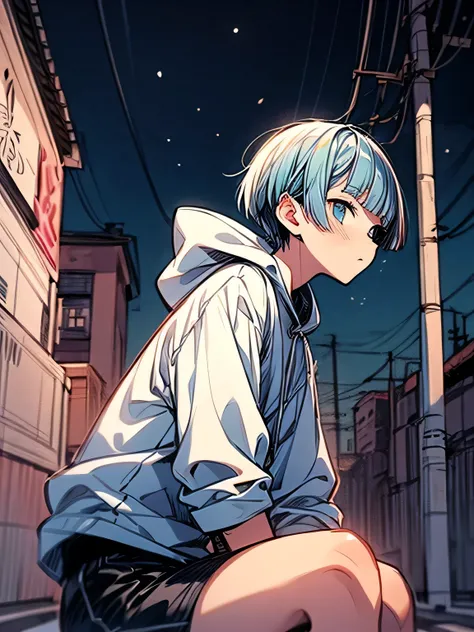 sideview,sitting,(side kissing face with boy),)upperbody,black very short boish pixie cut,(blunt bangs),white hoodie,black micro mini pants, absolute domain,graffity sneakers ,night,nightの街, Under the Street Light, look up at the sky +, nostalgic scene,( m...