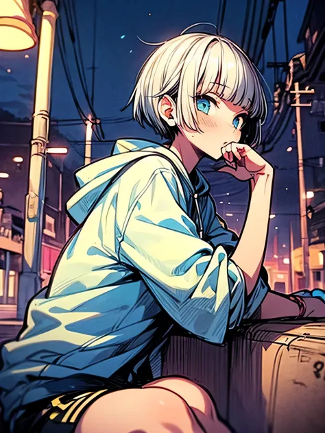 sideview,sitting,(side kissing face with boy:1.3),)upperbody,black very short boish pixie cut,(blunt bangs),white hoodie,black micro mini pants, absolute domain,graffity sneakers ,night,nightの街, Under the Street Light, look up at the sky +, nostalgic scene...